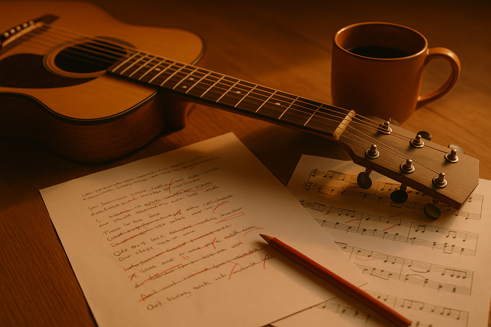 Notebook and guitar for writing a catchy chorus